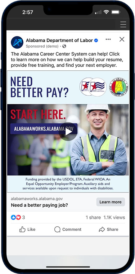 alabama dept of labor ad example on phone